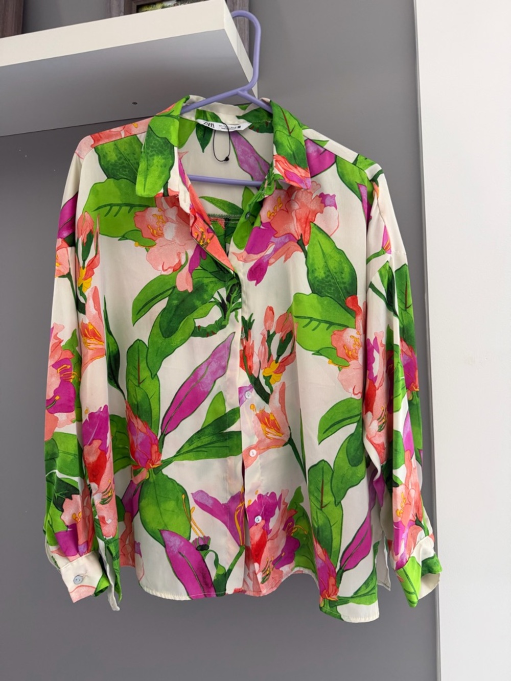 Zara White Button-Down Blouse with Pink & Green Floral Print